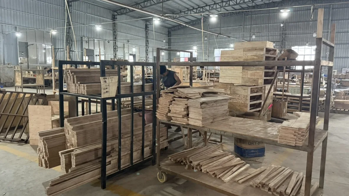 Wood strips and panels on tiered carts