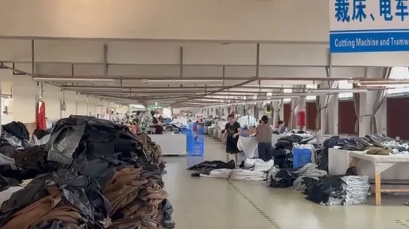 Fabric and workstations in the cutting and sewing workshop