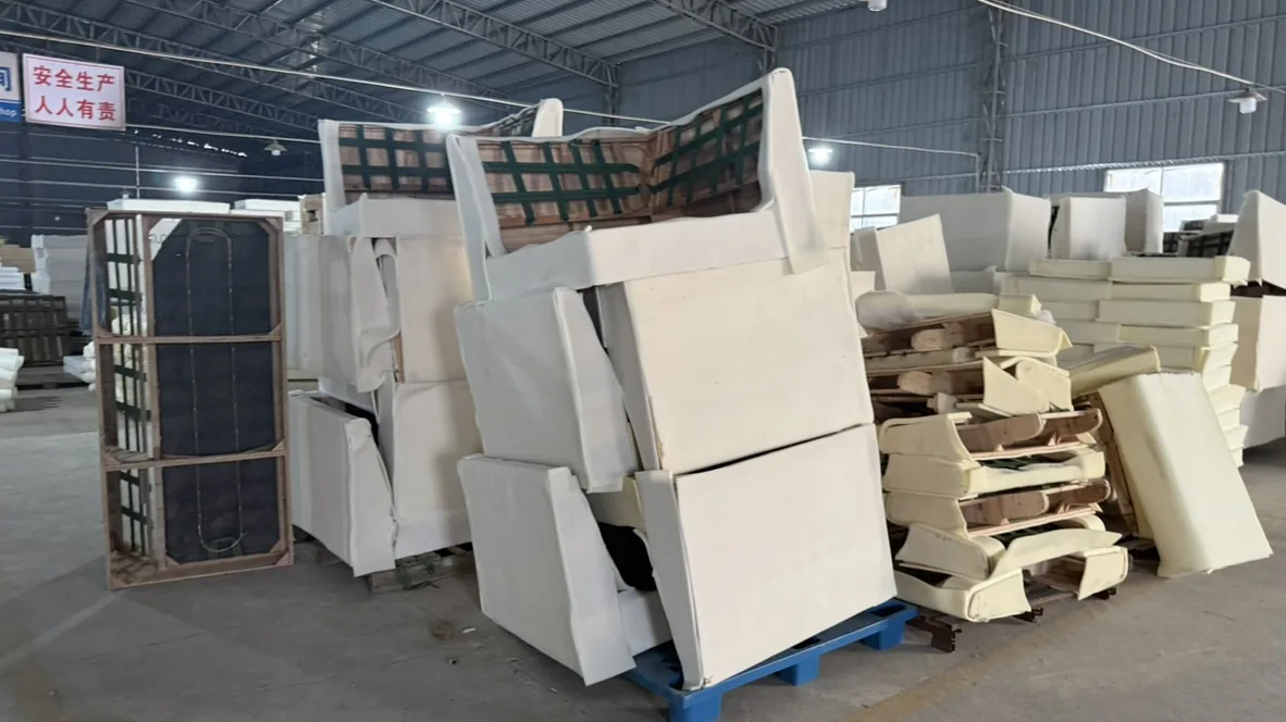 Foam-covered chair frames and shaped foam pieces