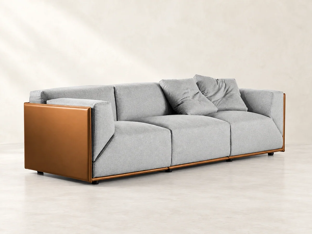 Grey cushioned sofa in a contrasting wood-trim frame
