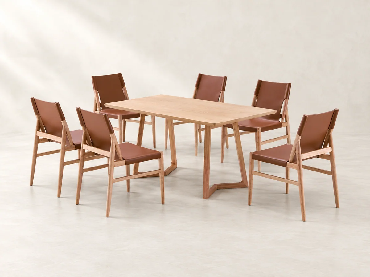 Rectangular dining table and six brown upholstered wood-frame chairs