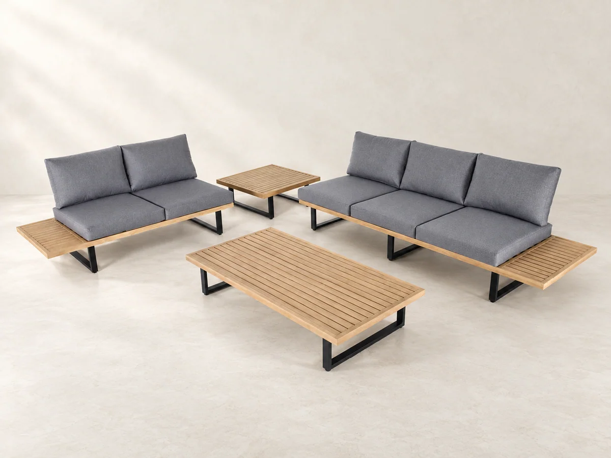 Grey outdoor sofa arrangement with platform frames and matching tables