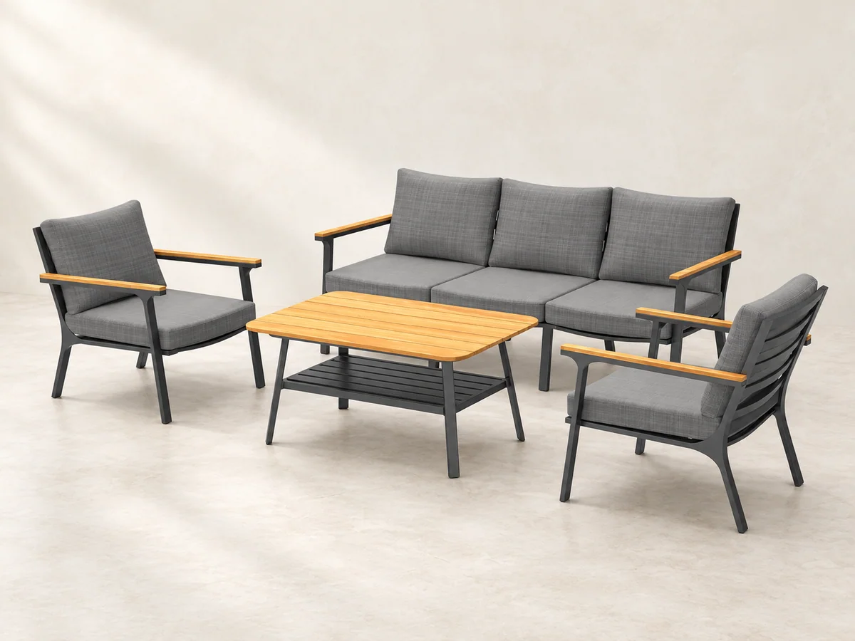 Grey aluminium sofa and two armchairs with a wood-look coffee table