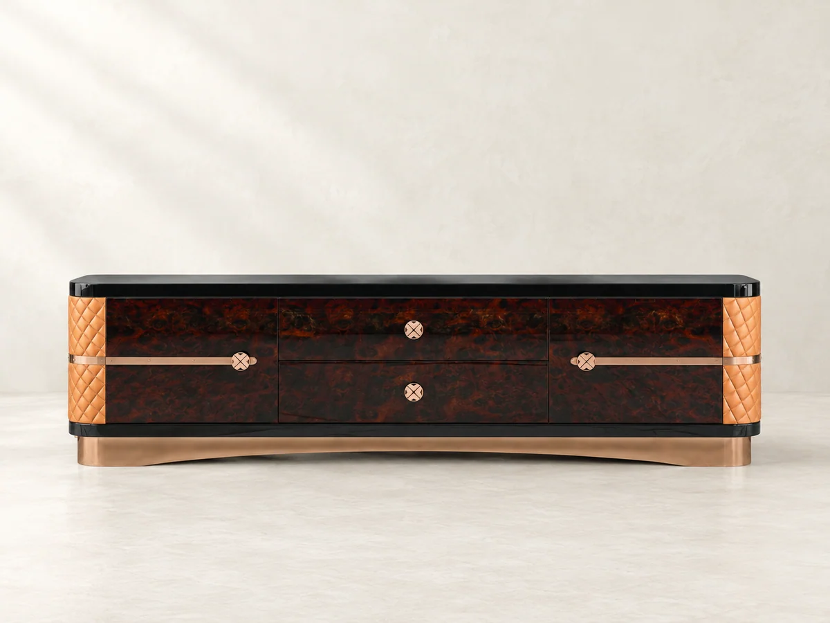 Low dark-patterned TV cabinet with contrasting tan end panels